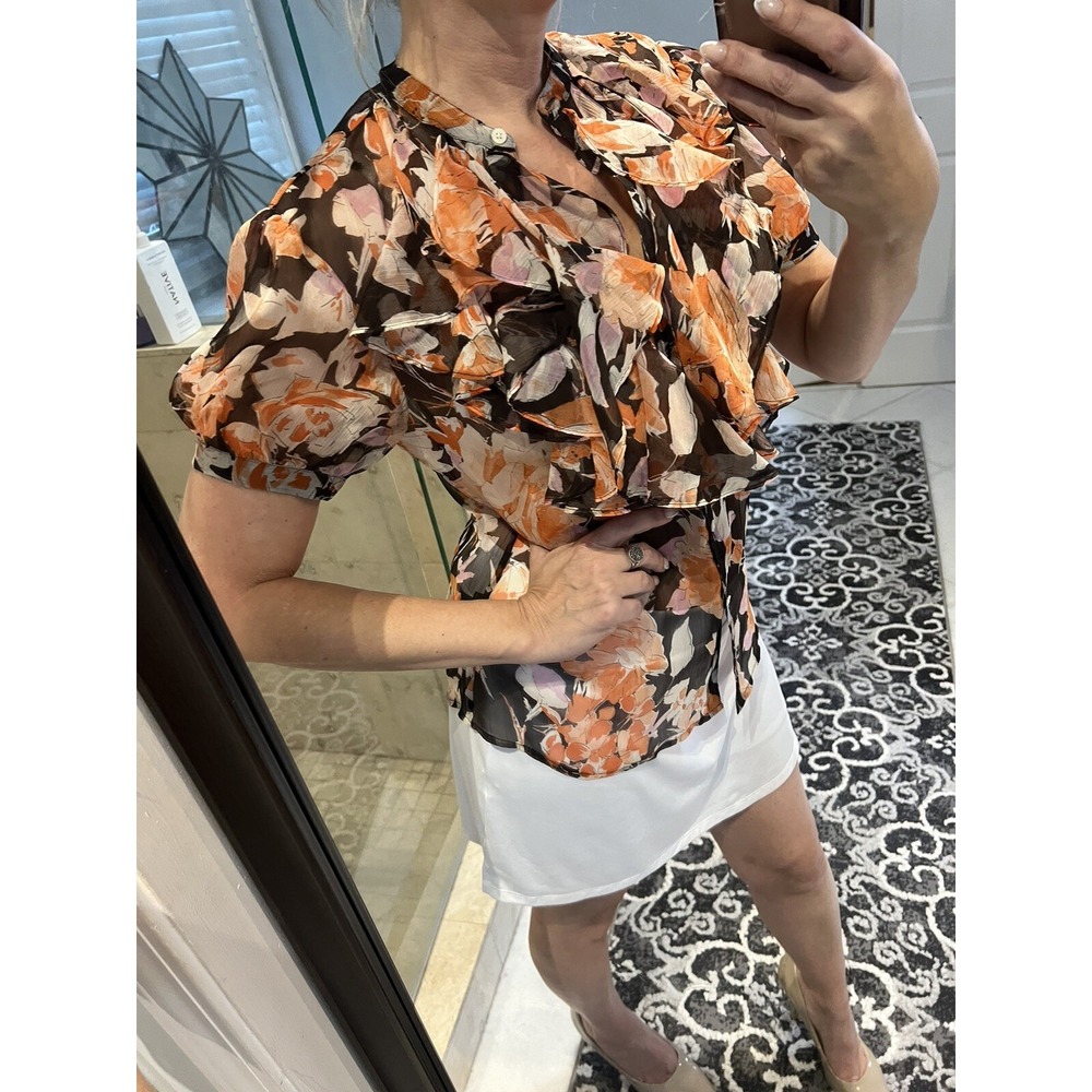 Lauren Ralph Lauren Brown Orange Floral Sheer Ruffle Blouse Shirt 8